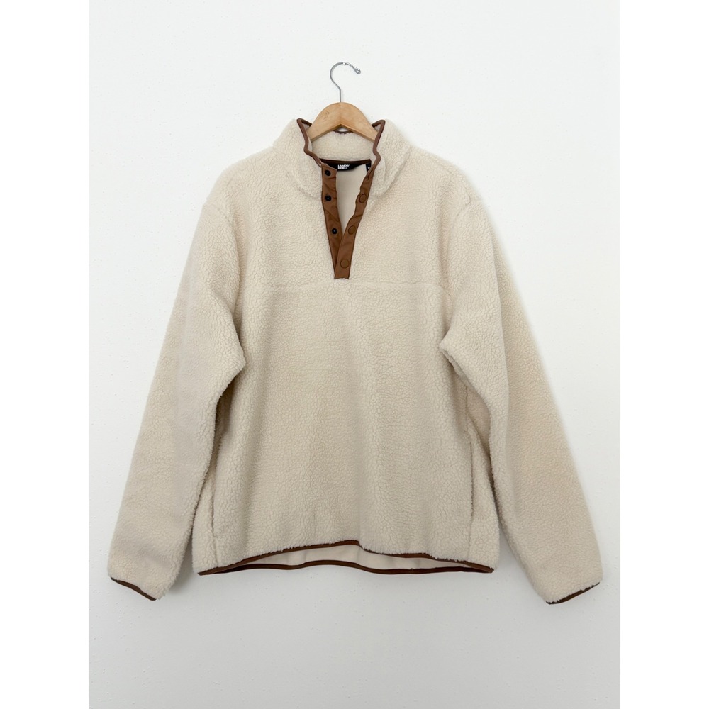 Lands' End Men's Sherpa Fleece 1/4 Snap Pullover Jacket Cream Brown Trim XL Tall